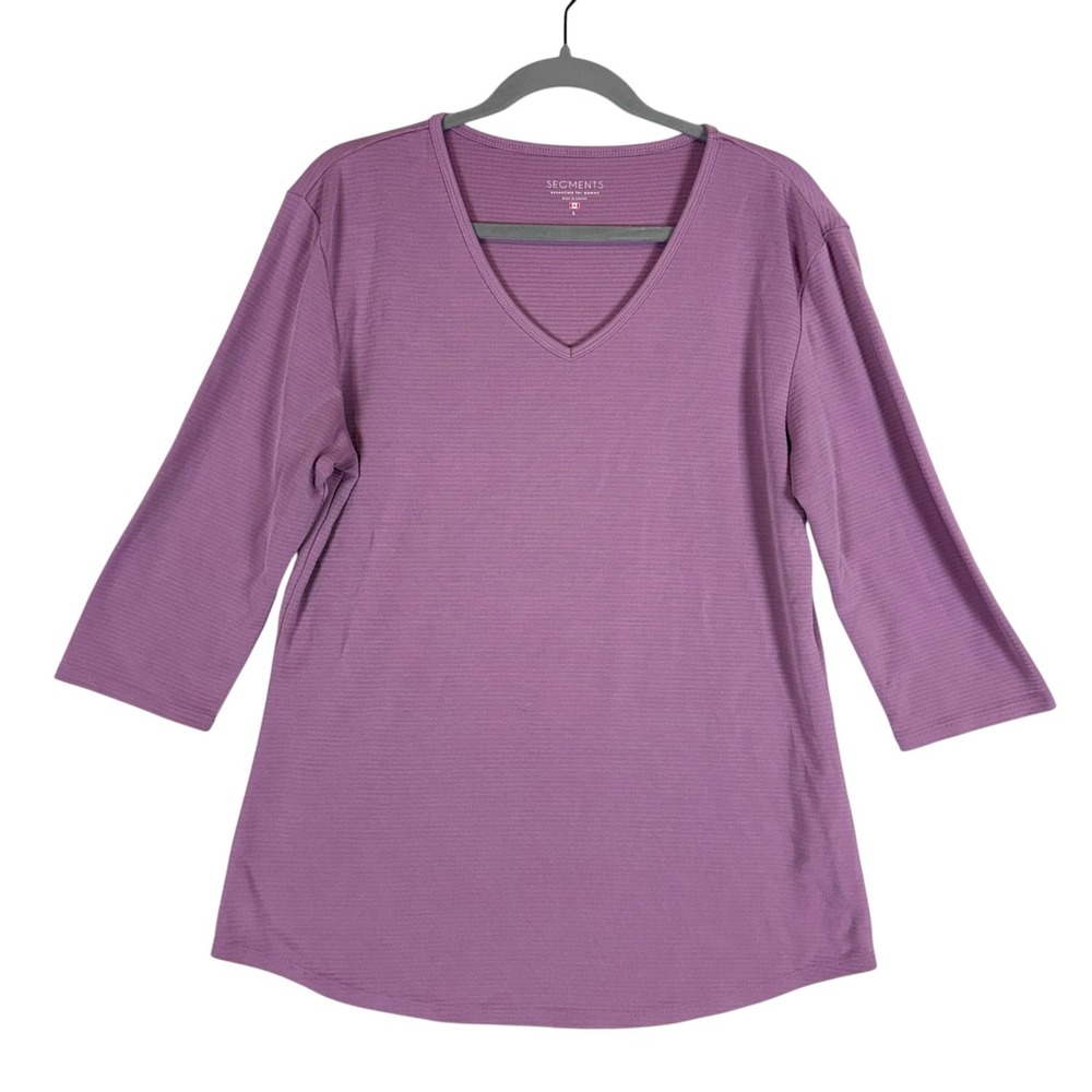 SEG'MENTS Shirt Womens Large Purple V Neck 3/4 Sleeve Relaxed Jersey Tunic Top